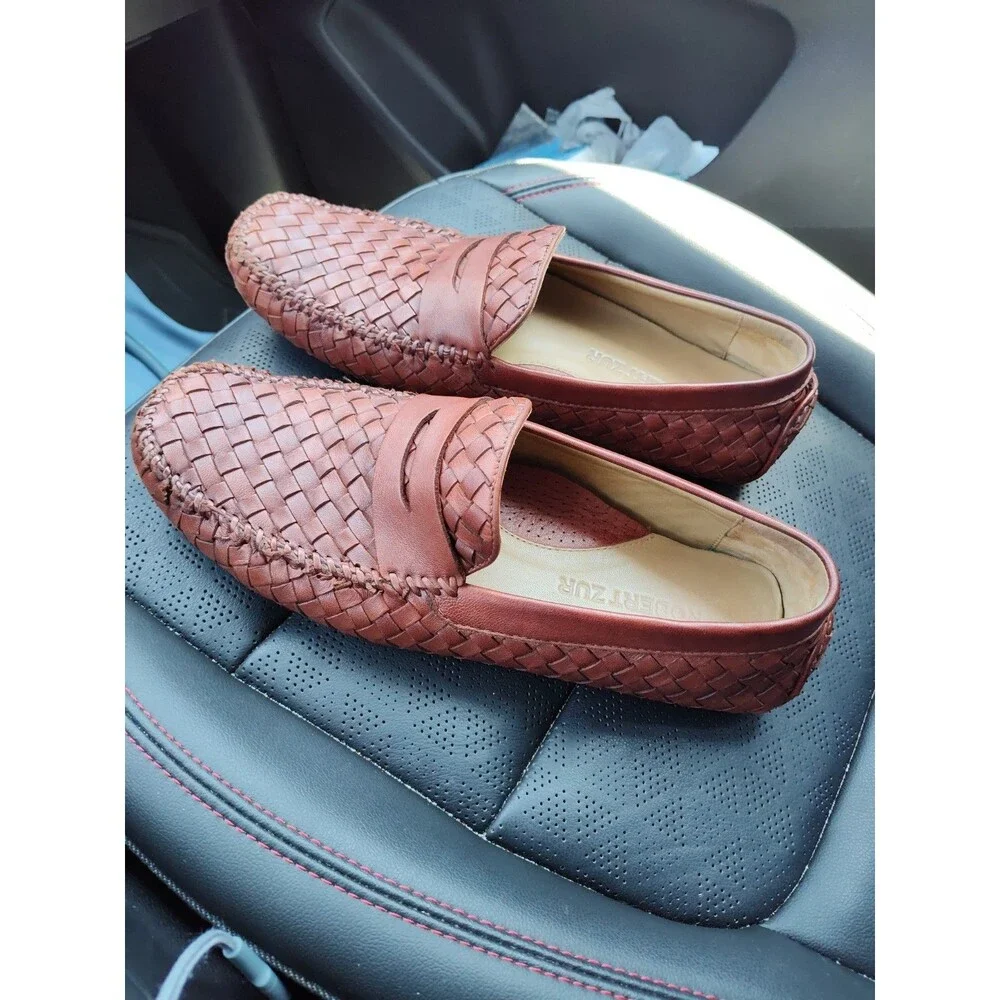 Robert Zur San Tropez Woven Leather Penny Loafers Brown Mens Size 10 M